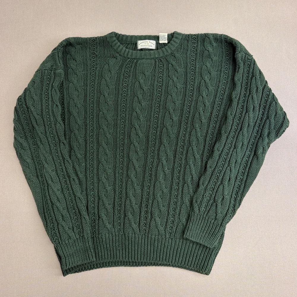 American Eagle Mens Green Cable Knit Sweater Ramie Cotton Blend Vintage Style M